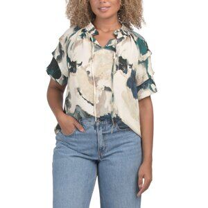 ALEX + LILI Cream/blue Short Sleeve Tie Neck Printed Blouse